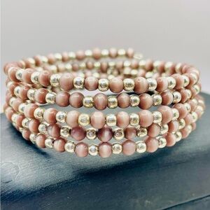 Elegant Pink and Silver Beaded Memory Wire Bracelet
